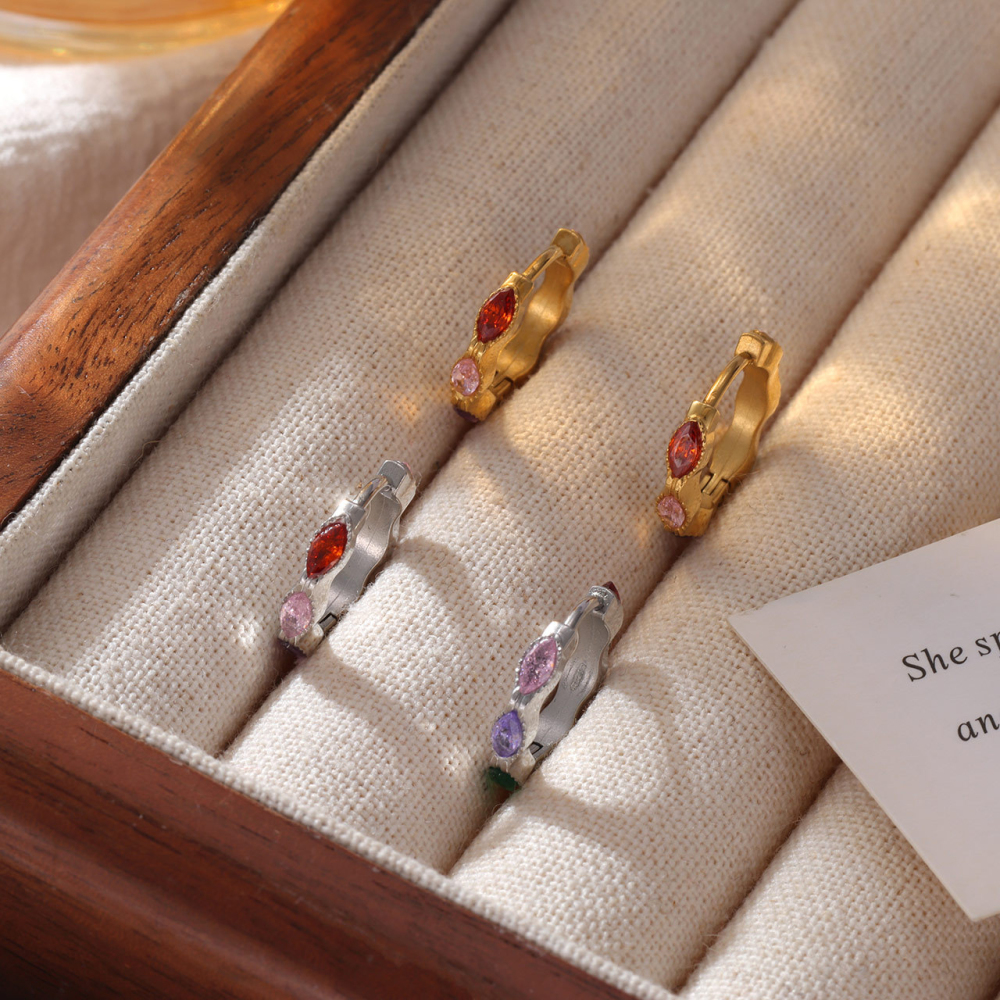 Rainbow Marquise CZ PVD Stainless Steel Huggie Hoop Earrings with Textured Finish