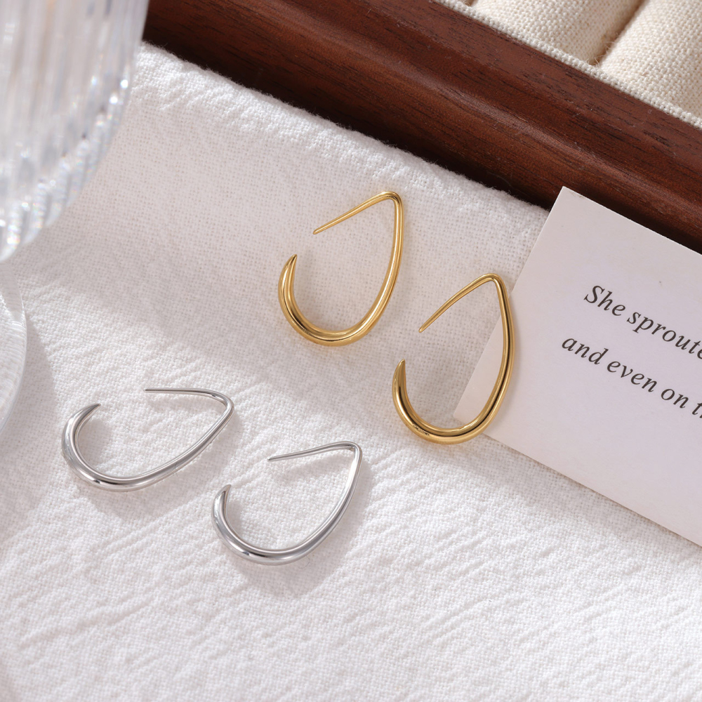 Minimalist Stainless Steel Open Teardrop Hoop Earrings with PVD 14K Gold