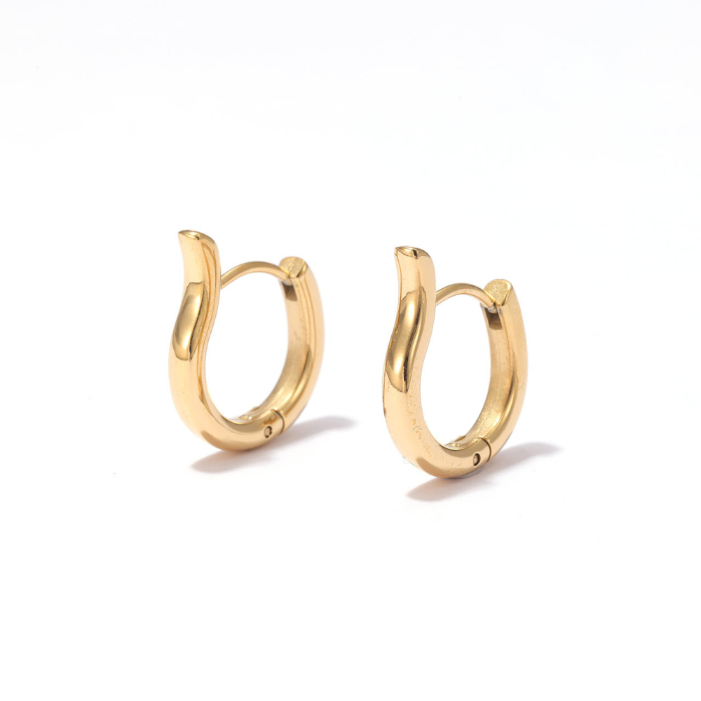 Polished Stainless Steel Wave Huggie Hoop Earrings with PVD 14K Gold