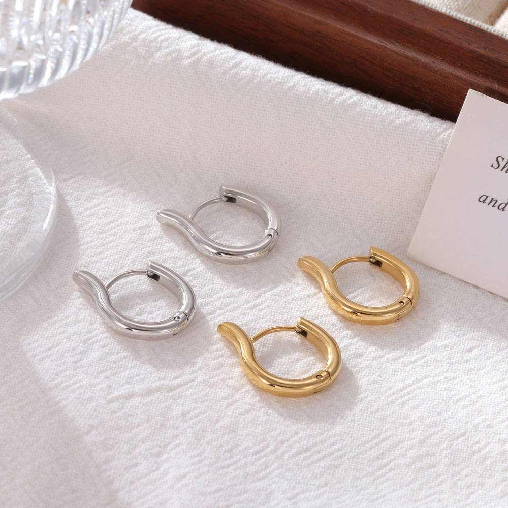 Polished Stainless Steel Wave Huggie Hoop Earrings with PVD 14K Gold