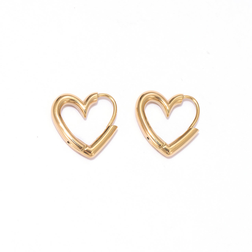 Polished Stainless Steel Open Heart Hoop Earrings with PVD 14K Gold
