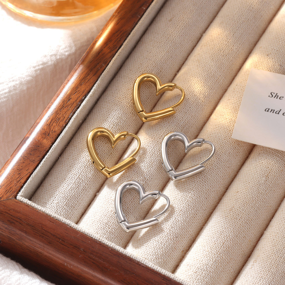 Polished Stainless Steel Open Heart Hoop Earrings with PVD 14K Gold