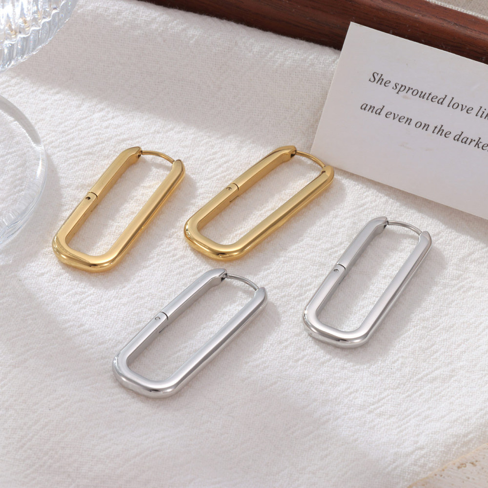 Polished Stainless Steel Elongated Rectangle Hoop Earrings with PVD 14K Gold