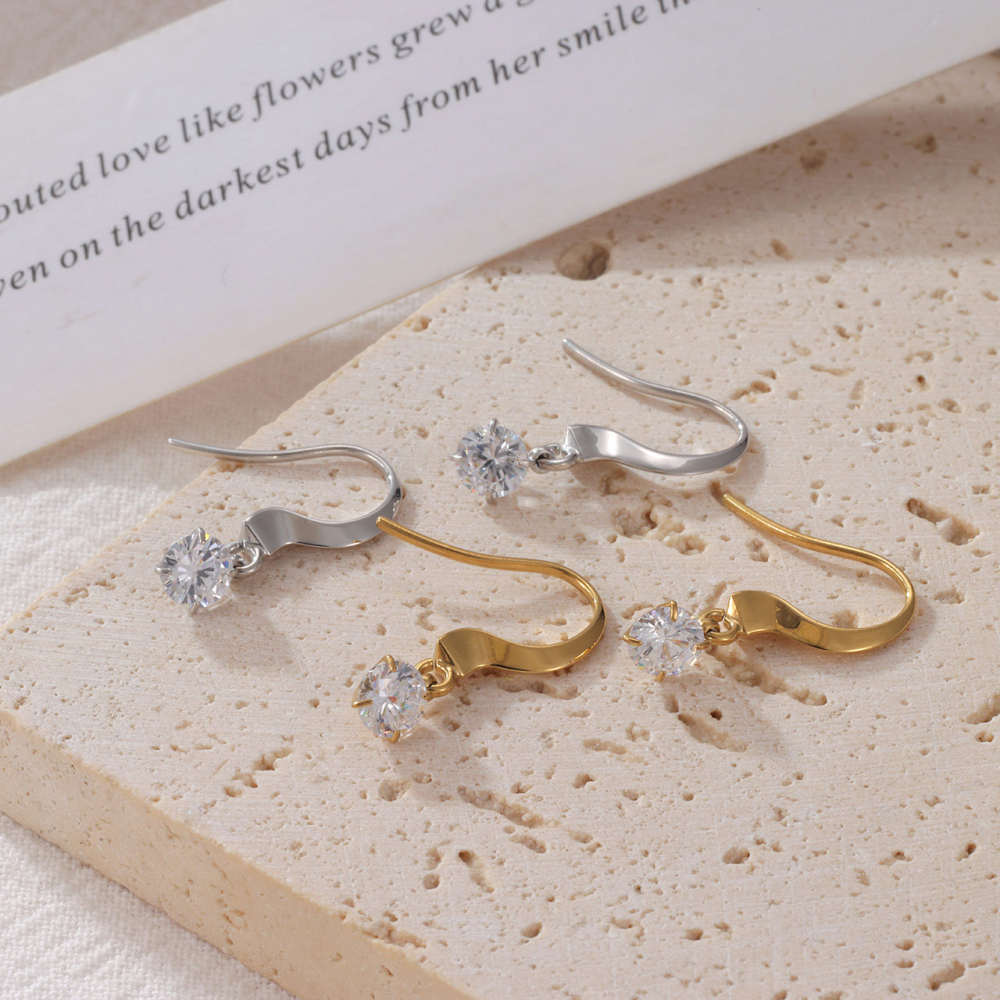 Polished Stainless Steel CZ Drop Fishhook Earrings with PVD 14k Gold