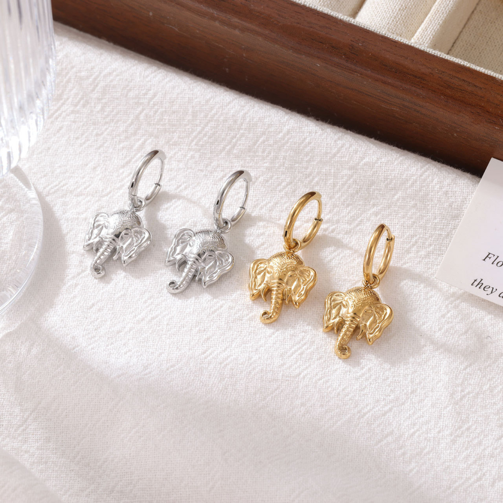 Elephant Head Charm Stainless Steel Hoop Earrings in PVD 14K Gold