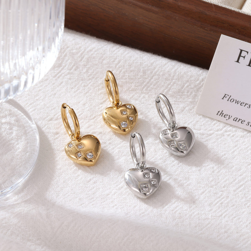Heart Charm Cubic Zirconia Stainless Steel Hoop Earrings with PVD 14K Gold