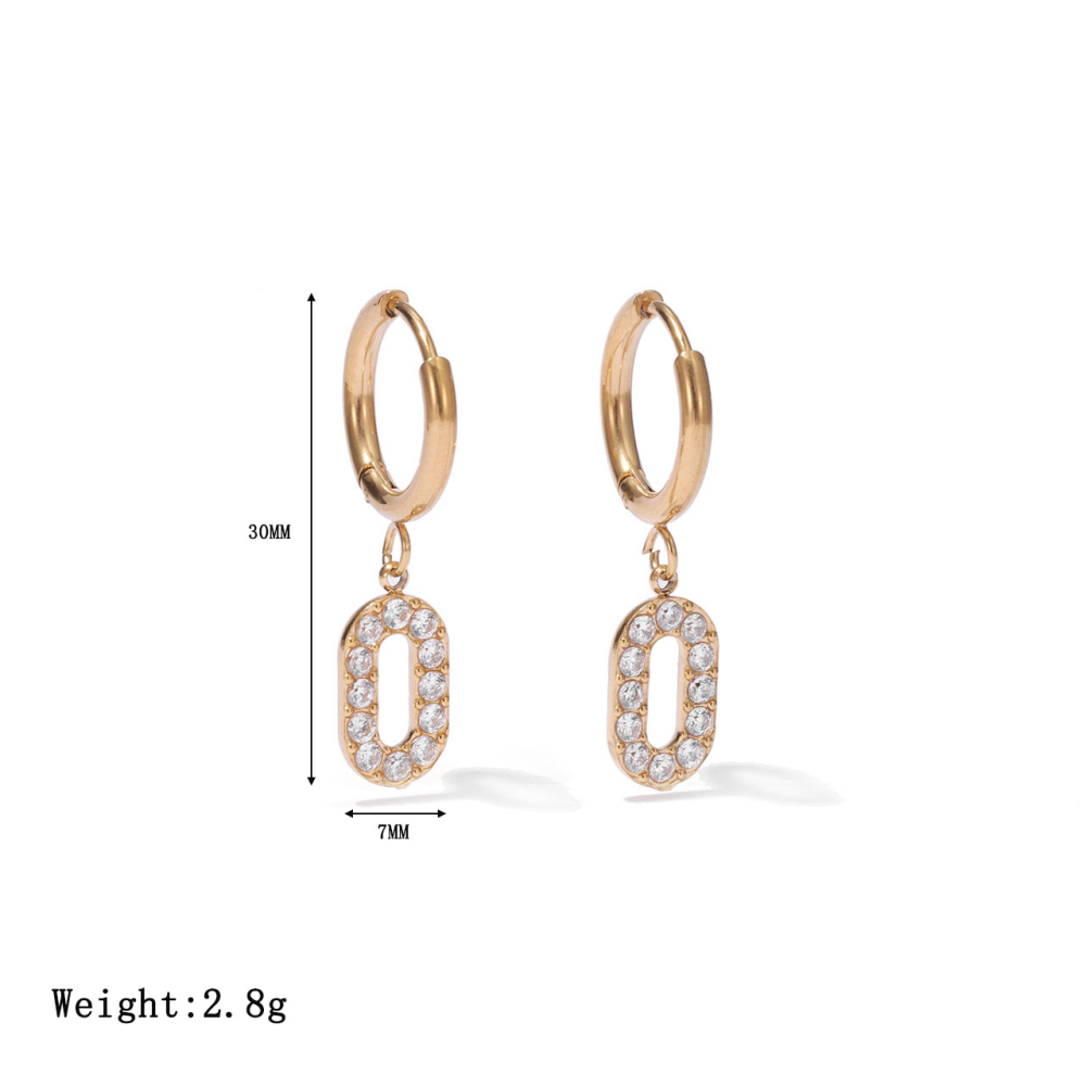 Oval Cubic Zirconia Charm Stainless Steel Hoop Earrings with PVD 14K Gold