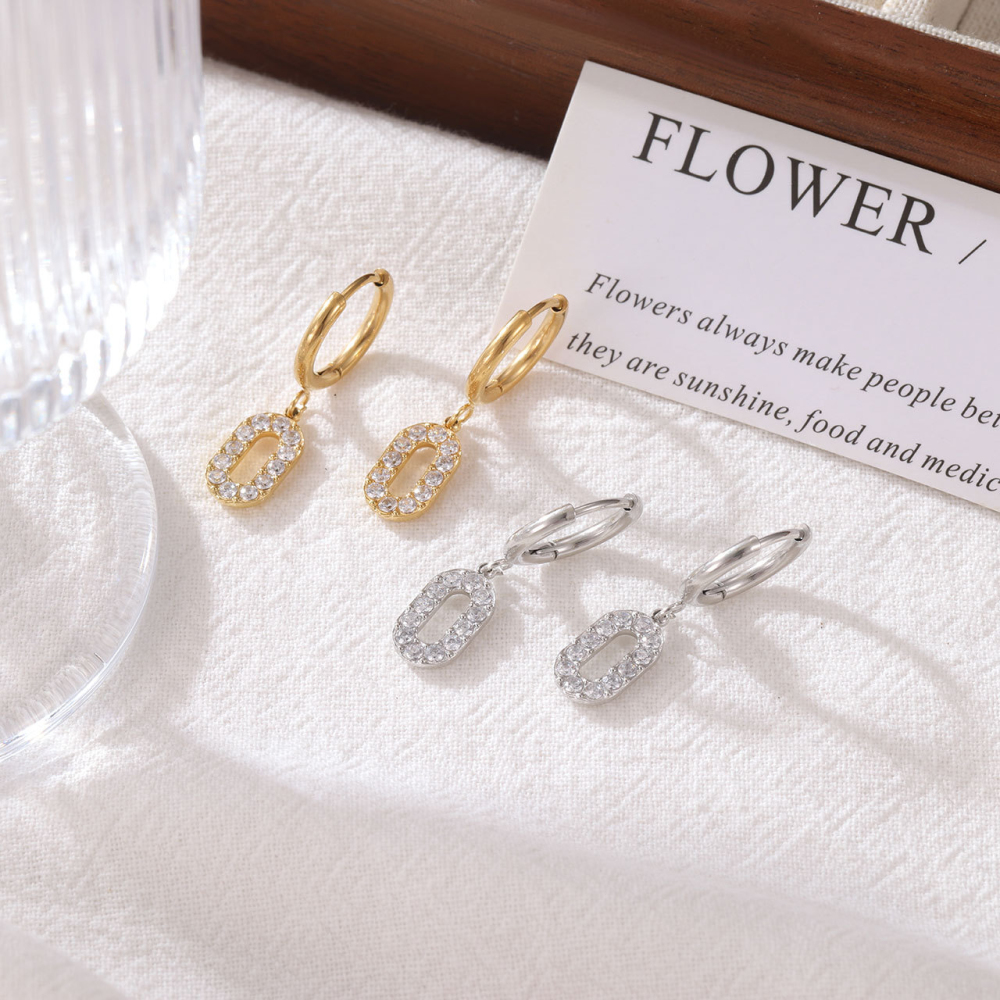 Oval Cubic Zirconia Charm Stainless Steel Hoop Earrings with PVD 14K Gold