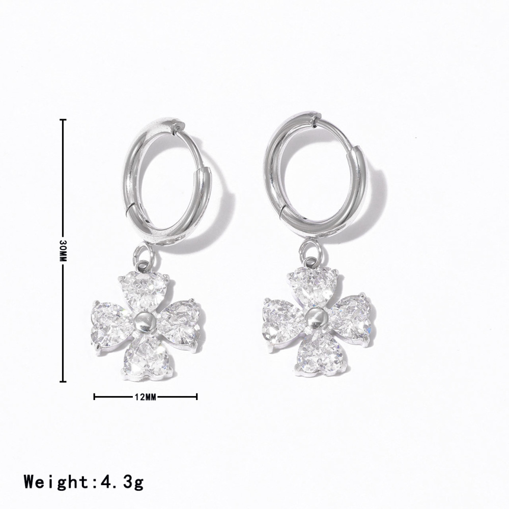 Stainless Steel 14K PVD  Heart-Cut CZ Clover Drop Huggie Earrings with Hinged Closure