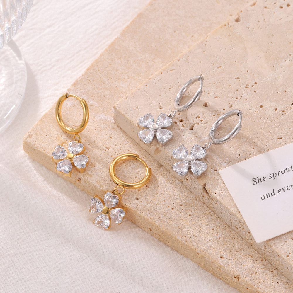 Stainless Steel 14K PVD  Heart-Cut CZ Clover Drop Huggie Earrings with Hinged Closure