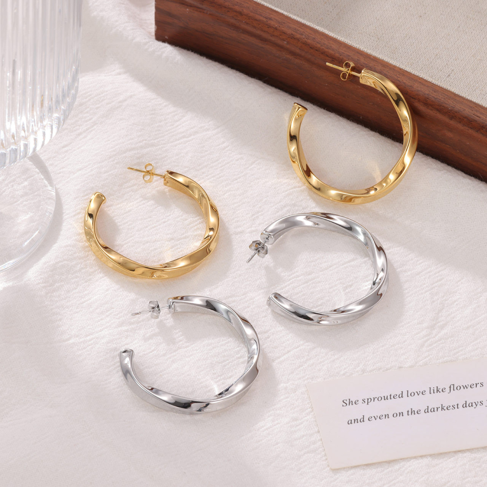 Polished Stainless Steel Twisted C-Hoop Stud Earrings in PVD 14k Gold