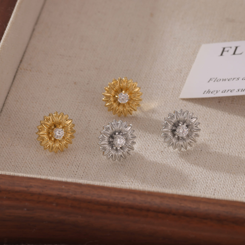 PVD 14K GOLD  Coated Stainless Steel Sunflower Stud Earrings with Cubic Zirconia