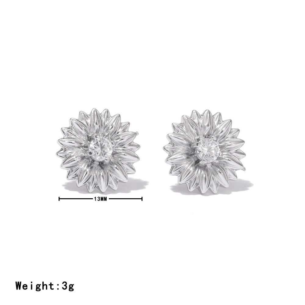 PVD 14K GOLD  Coated Stainless Steel Sunflower Stud Earrings with Cubic Zirconia