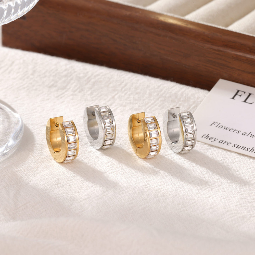 Baguette Cubic Zirconia Stainless Steel Hoop Earrings with PVD 14K Gold