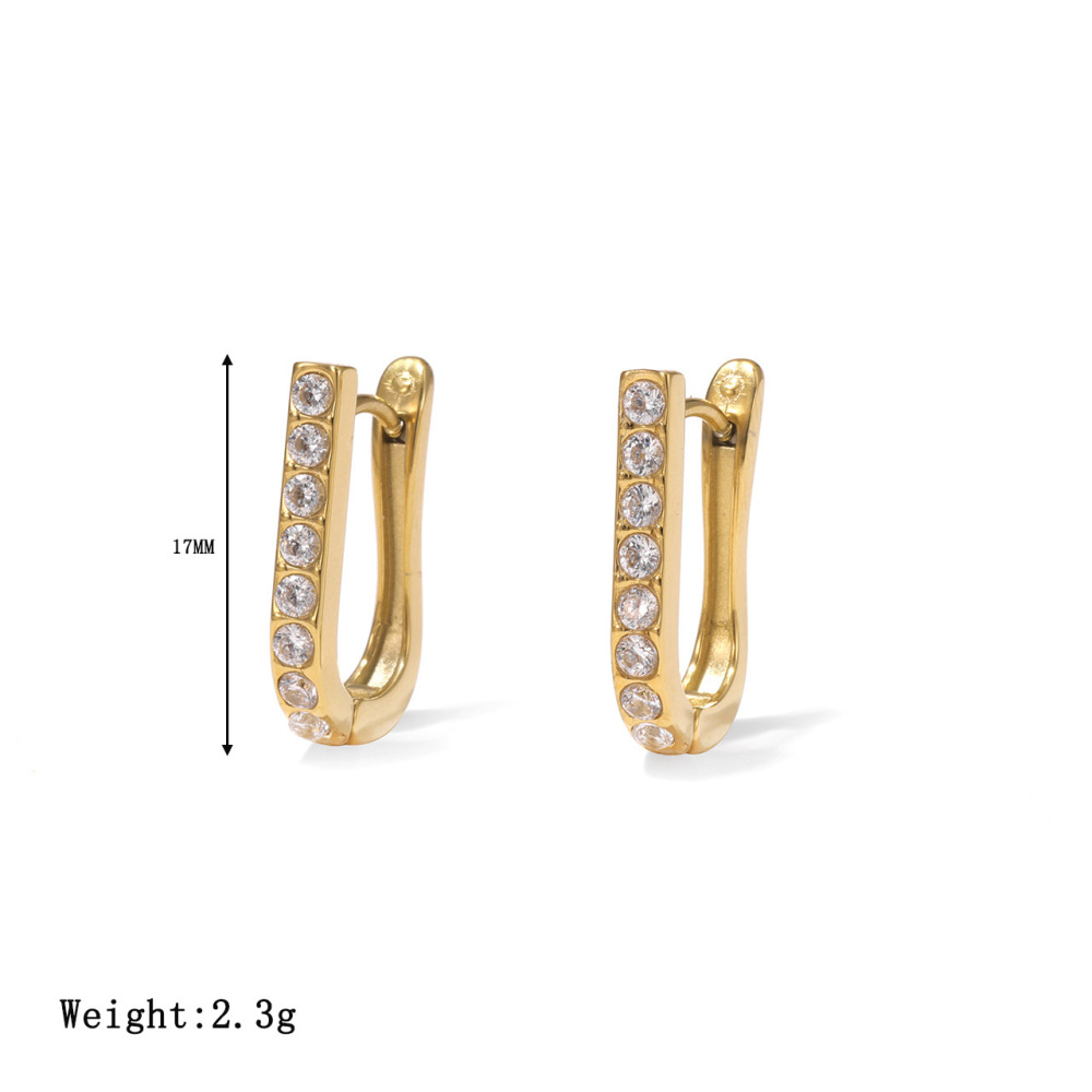 Pave Cubic Zirconia Stainless Steel U Hoop Earrings with PVD 14K Gold