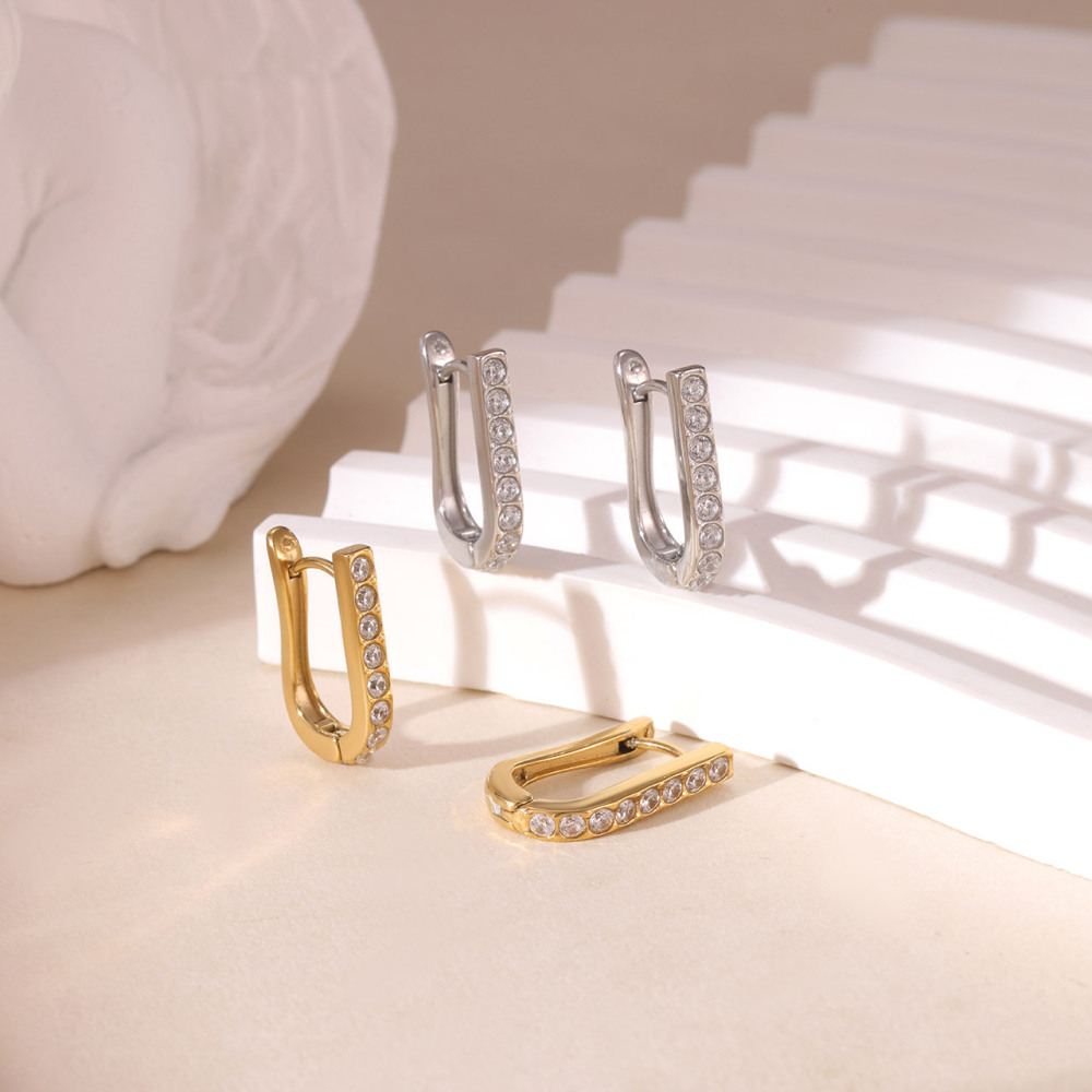 Pave Cubic Zirconia Stainless Steel U Hoop Earrings with PVD 14K Gold