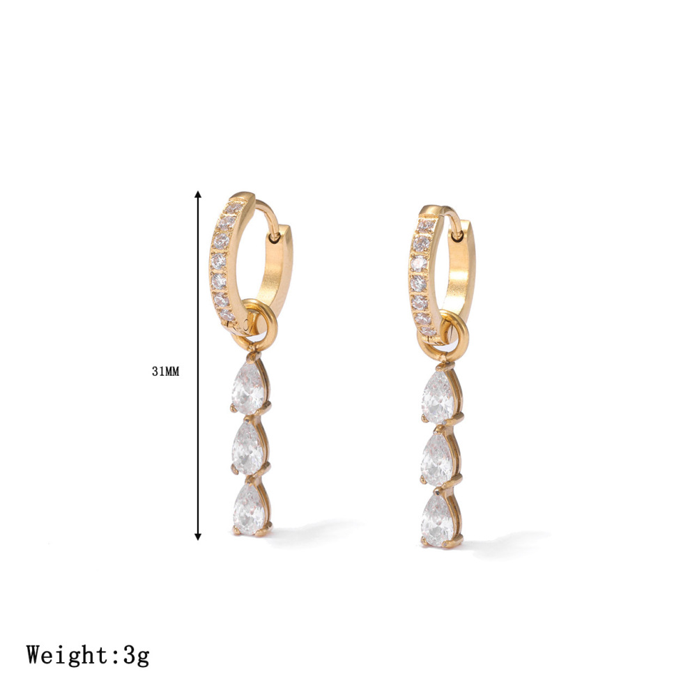 Pave CZ PVD 14K Gold Stainless Steel Dangle Hoop Earrings with Marquise CZ Drops