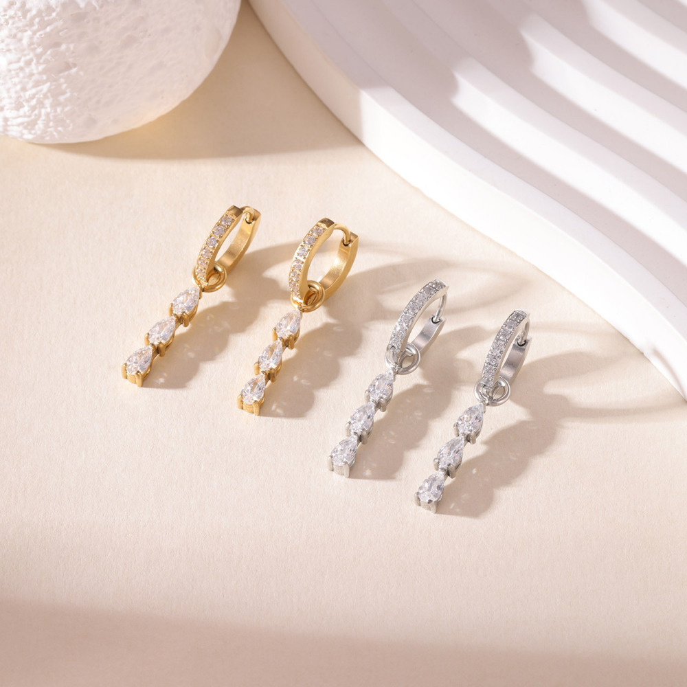 Pave CZ PVD 14K Gold Stainless Steel Dangle Hoop Earrings with Marquise CZ Drops
