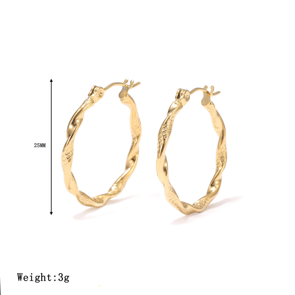 Twisted PVD 14K Gold Stainless Steel Hoop Earrings with Textured Finish