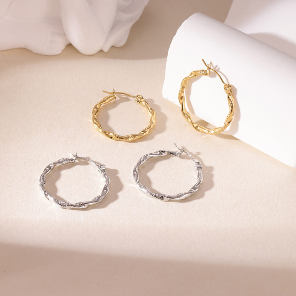 Twisted PVD 14K Gold Stainless Steel Hoop Earrings with Textured Finish