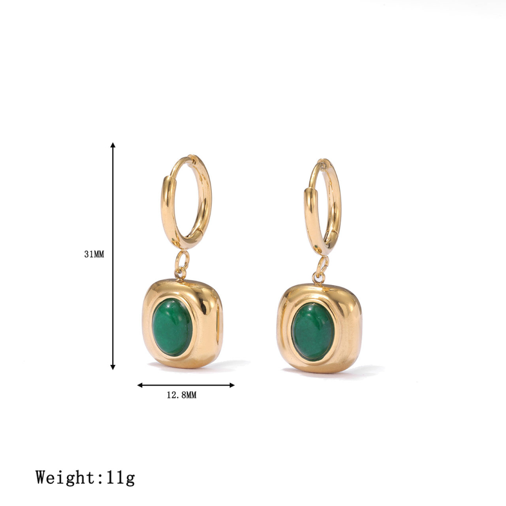 Vintage Malay Jade Charm Stainless Steel Hoop Earrings with Hinged Closure