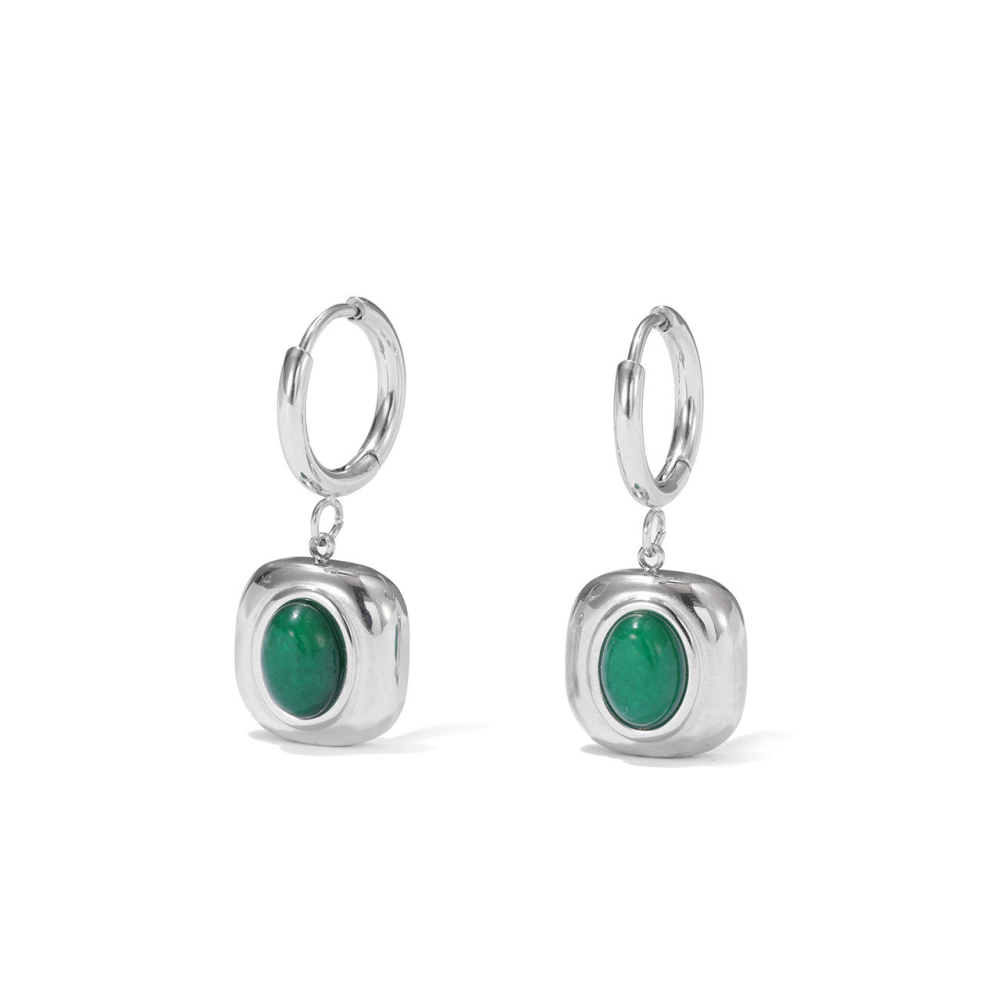 Vintage Malay Jade Charm Stainless Steel Hoop Earrings with Hinged Closure