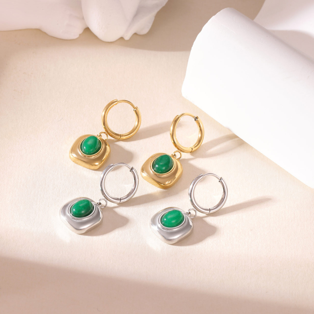 Vintage Malay Jade Charm Stainless Steel Hoop Earrings with Hinged Closure