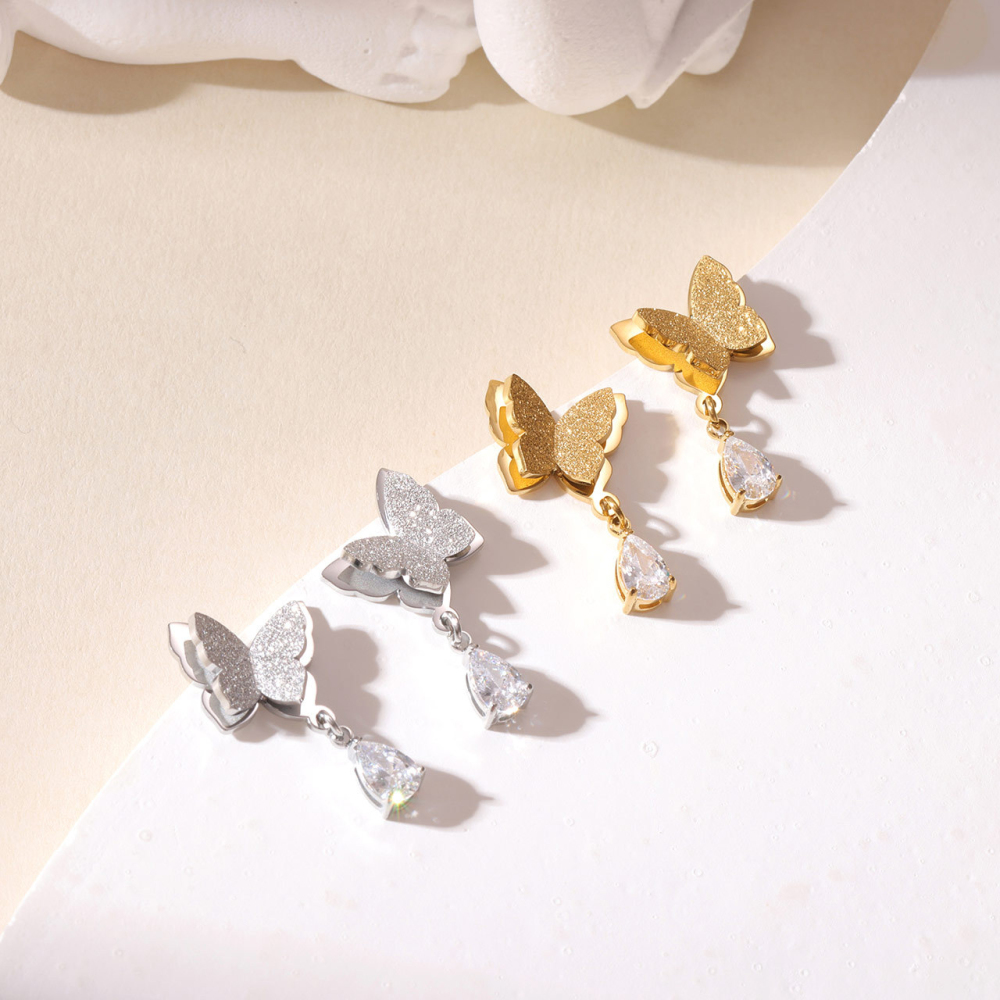 Butterfly Cubic Zirconia Drop Stainless Steel Stud Earrings in PVD 14K Gold