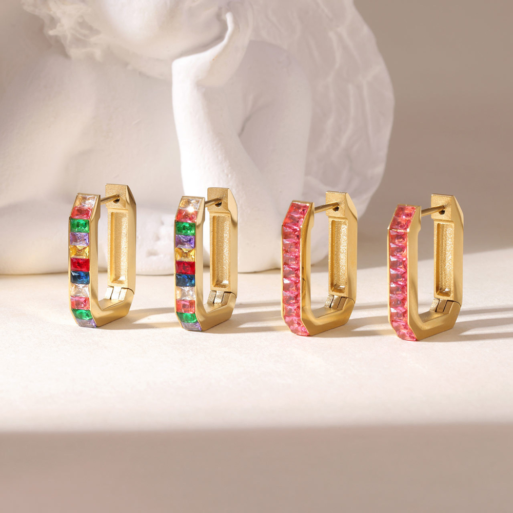 PVD 14K Gold Stainless Steel Rectangular Rainbow CZ Huggie Hoop Earrings