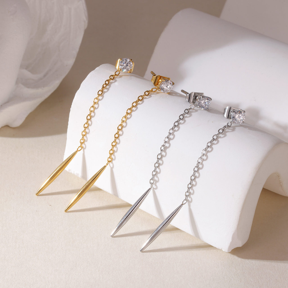 Minimalist PVD 14K Gold Stainless Steel CZ Long Chain Spike Drop Earrings