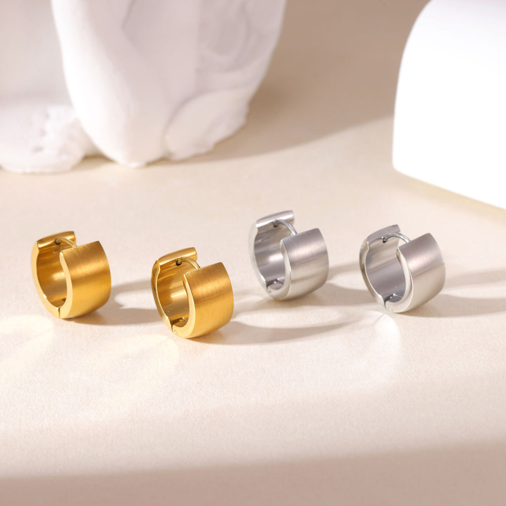 Brushed Stainless Steel Wide Huggie Hoop Earrings with PVD 14K Gold