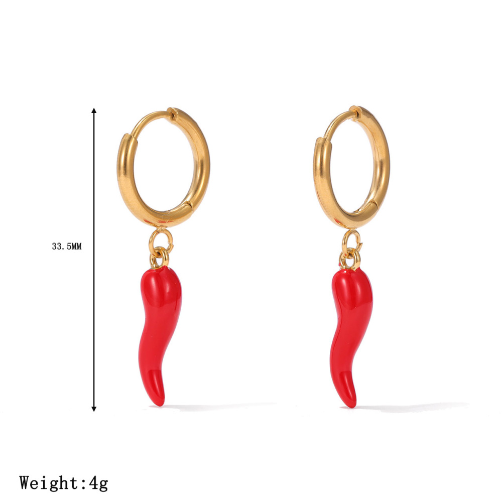 Polished Stainless Steel Chili Pepper Charm Hoop Earrings with PVD 14K Gold
