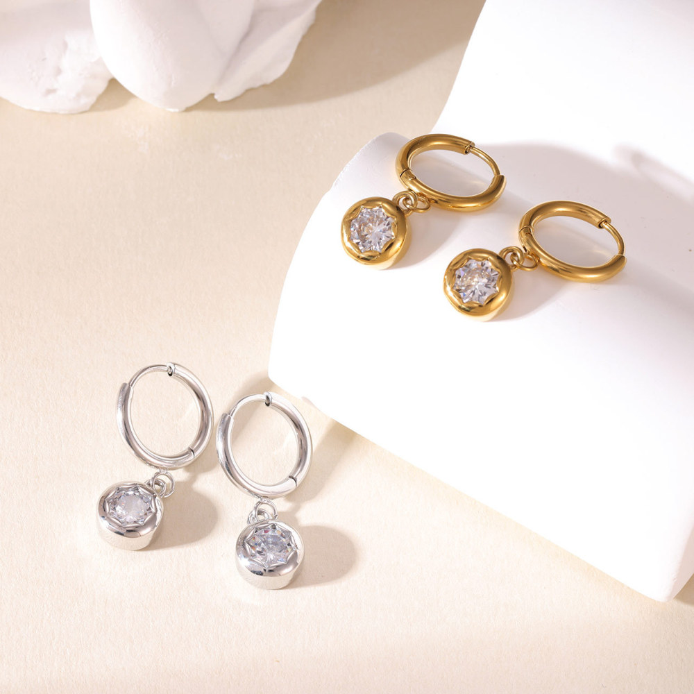 Minimalist Crystal Disc Charm Stainless Steel Huggie Hoop Earrings in PVD 14K Gold