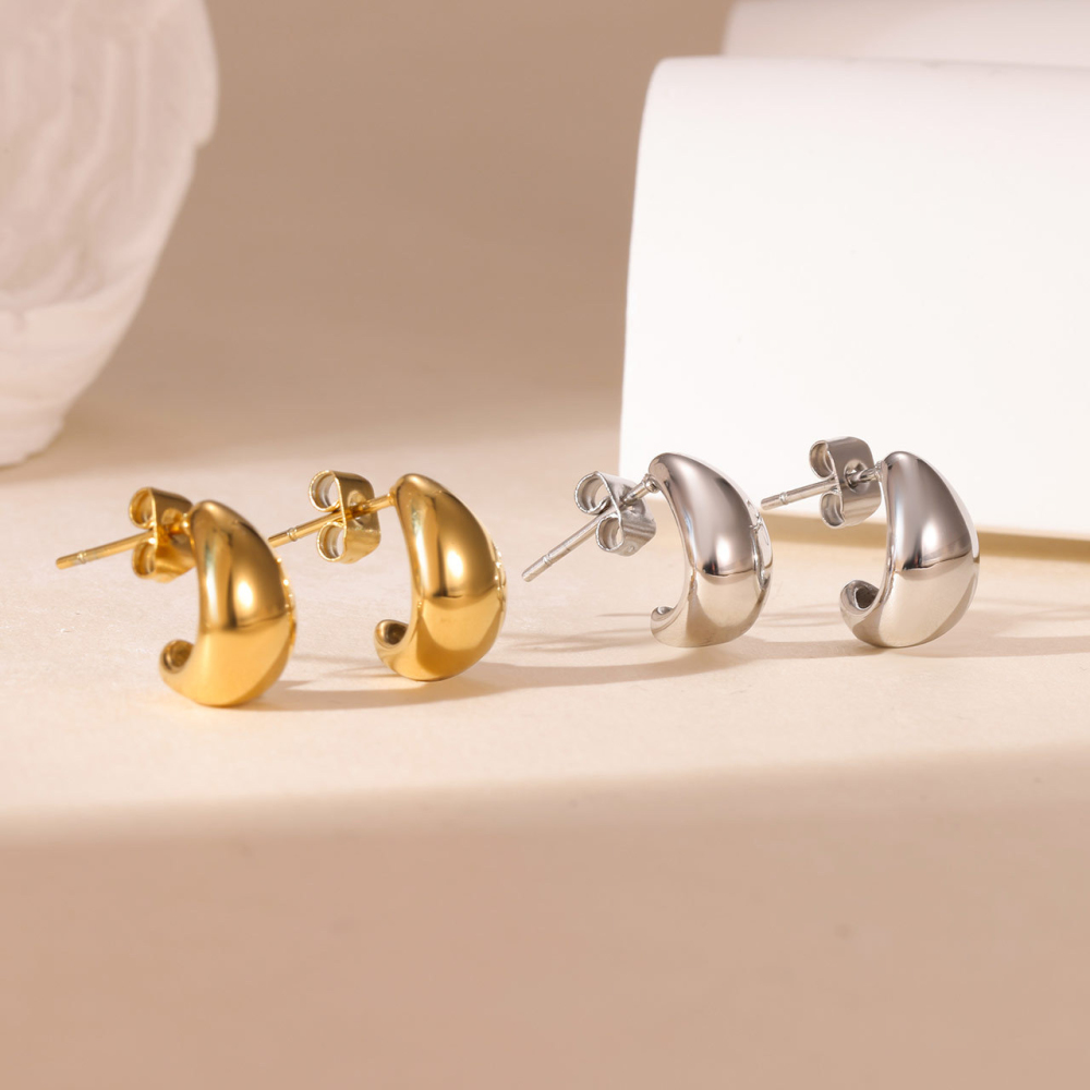 Polished PVD Stainless Steel Half Moon Stud Earrings with Minimalist Dome Design