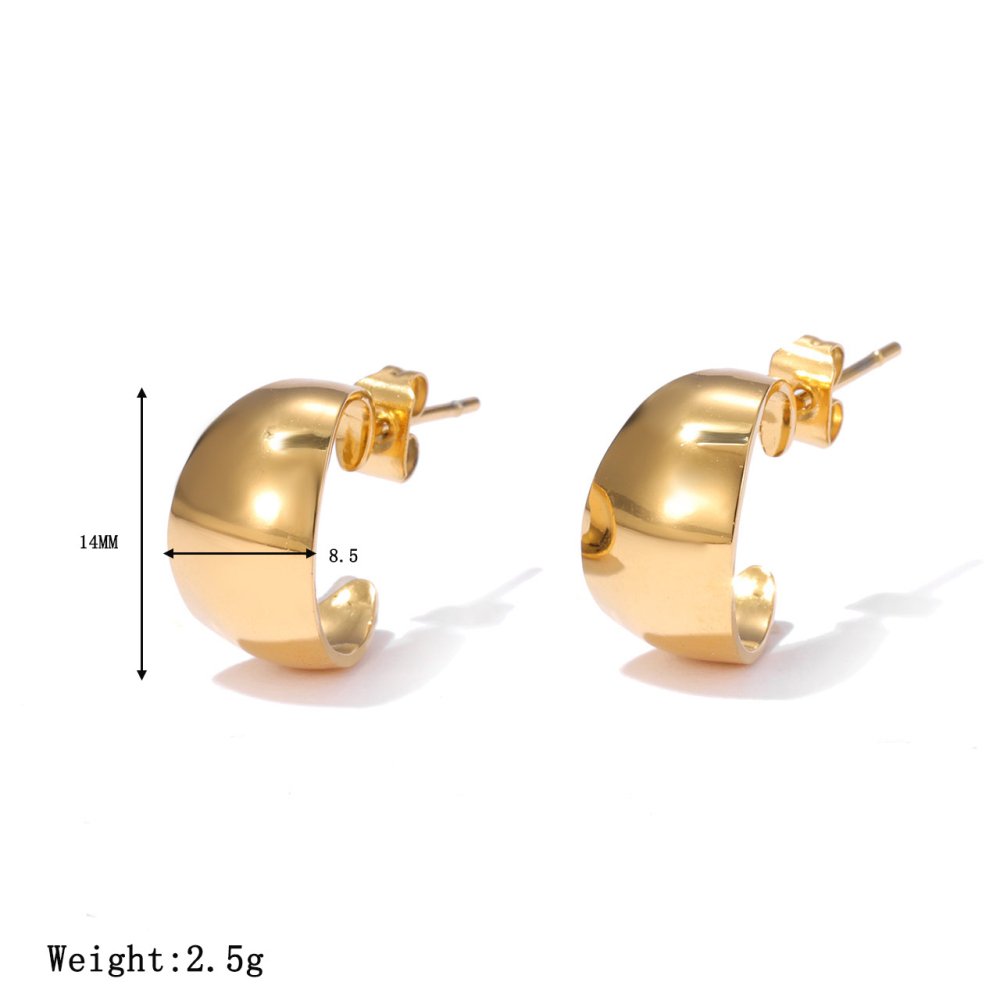 PVD 14K Gold Plated Stainless Steel Chunky Dome C-Hoop Stud Earrings
