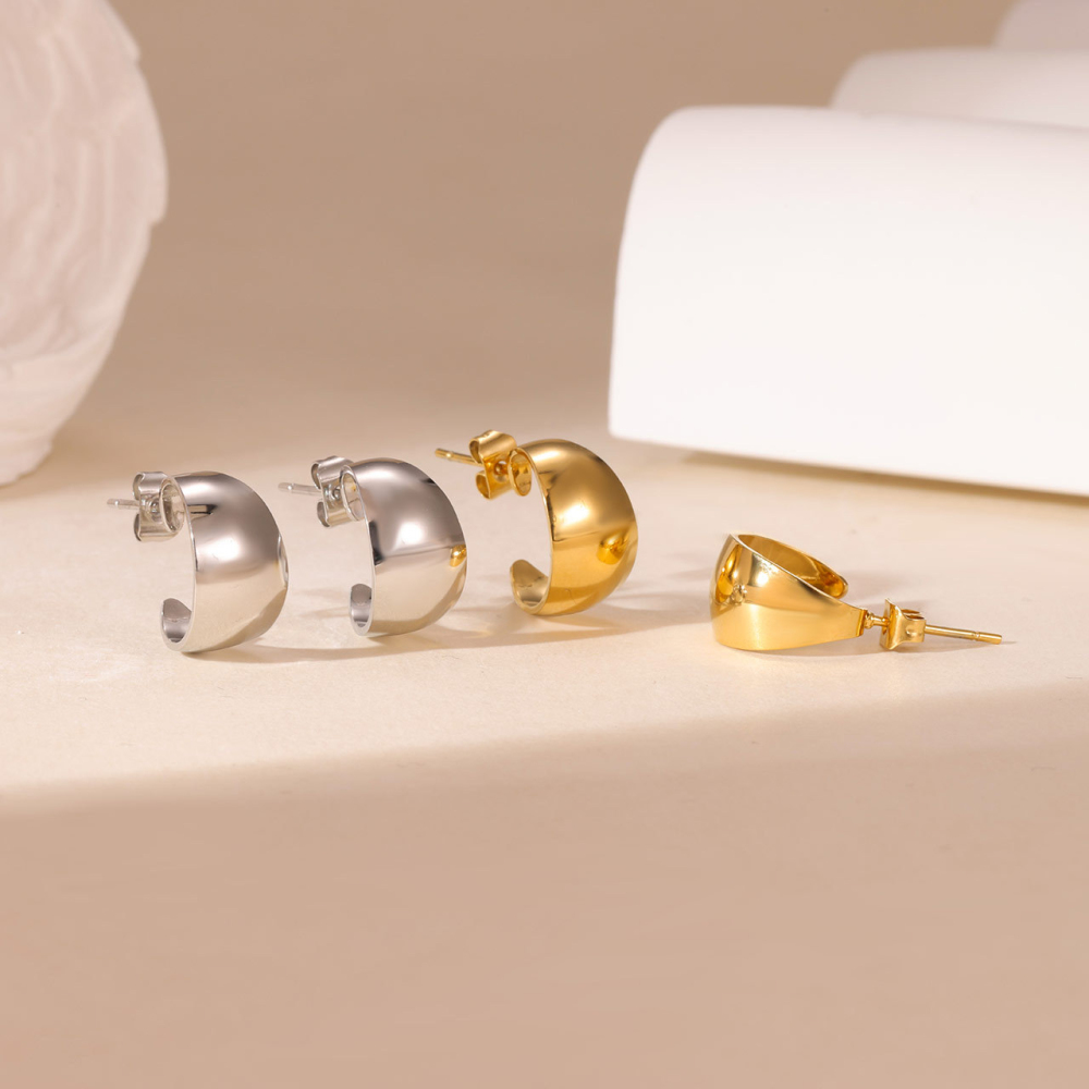 PVD 14K Gold Plated Stainless Steel Chunky Dome C-Hoop Stud Earrings