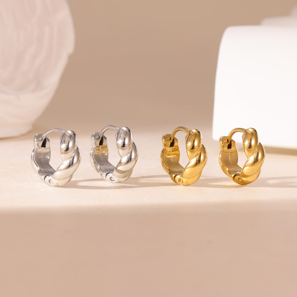 Twisted Stainless Steel Huggie Hoop Earrings with PVD 14K Gold