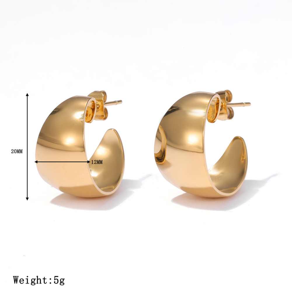 Polished Stainless Steel Chunky C-Hoop Stud Earrings In PVD 14K Gold