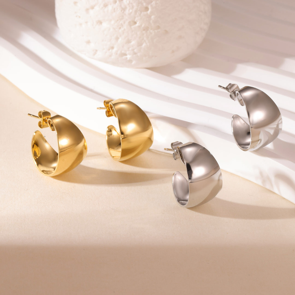 Polished Stainless Steel Chunky C-Hoop Stud Earrings In PVD 14K Gold