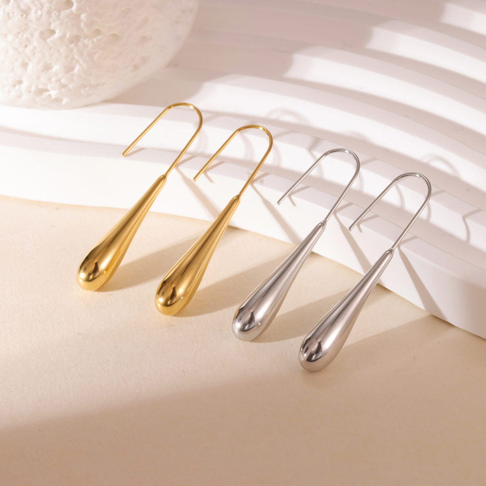 Polished Stainless Steel Teardrop Dangle Earrings with PVD 14K Gold