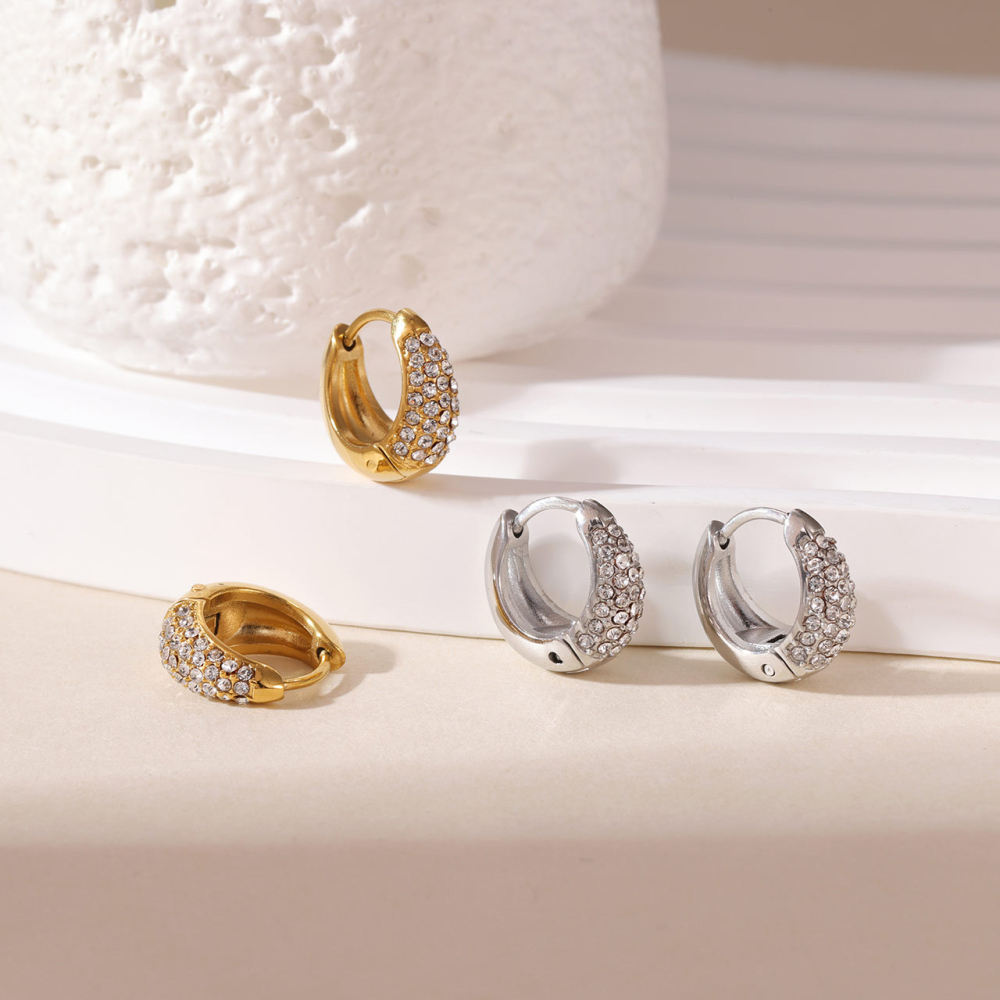 Pave Set Cubic Zirconia Stainless Steel Huggie Hoop Earrings In PVD 14K Gold