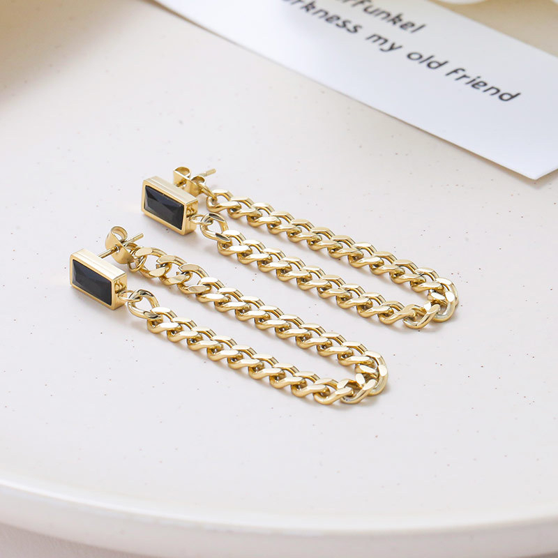 Baguette CZ and Chain Dangle Stud Earrings in PVD 14K Gold Stainless Steel