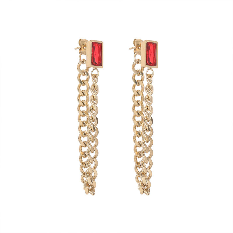 Baguette CZ and Chain Dangle Stud Earrings in PVD 14K Gold Stainless Steel