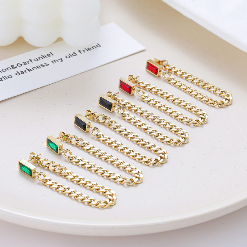 Baguette CZ and Chain Dangle Stud Earrings in PVD 14K Gold Stainless Steel