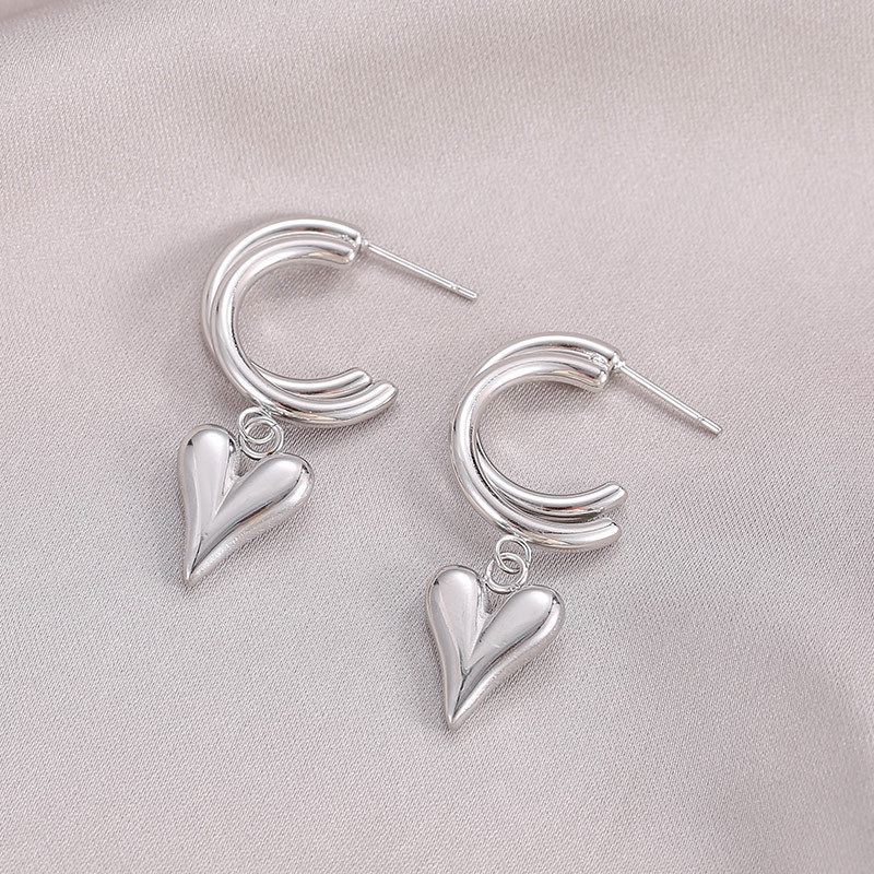 Dual-Tube PVD 14K Gold Stainless Steel C-Hoop Drop Earrings with Heart Charm