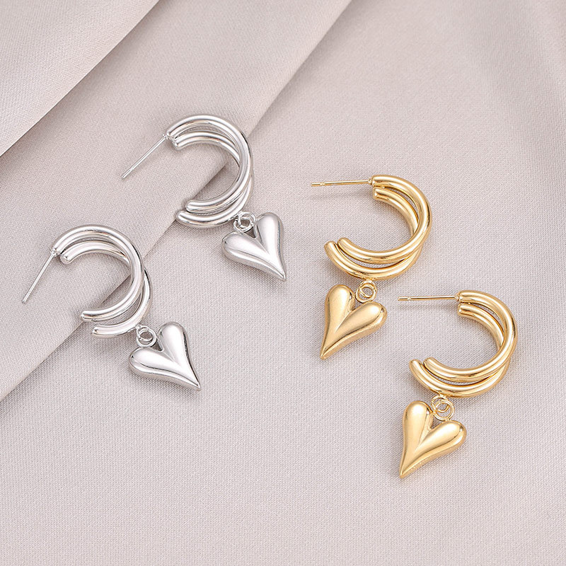 Dual-Tube PVD 14K Gold Stainless Steel C-Hoop Drop Earrings with Heart Charm
