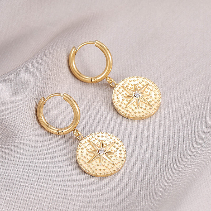 Vintage Style Star Medallion Drop Huggie Earrings in PVD 14K Gold Stainless Steel with CZ