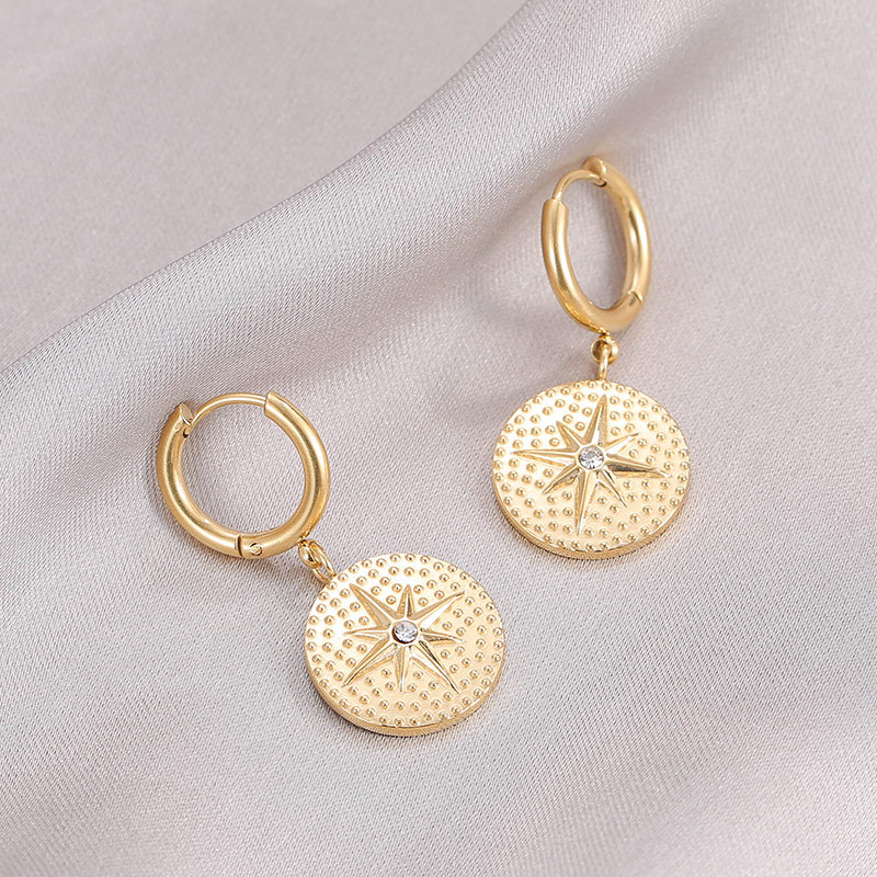 Vintage Style Star Medallion Drop Huggie Earrings in PVD 14K Gold Stainless Steel with CZ