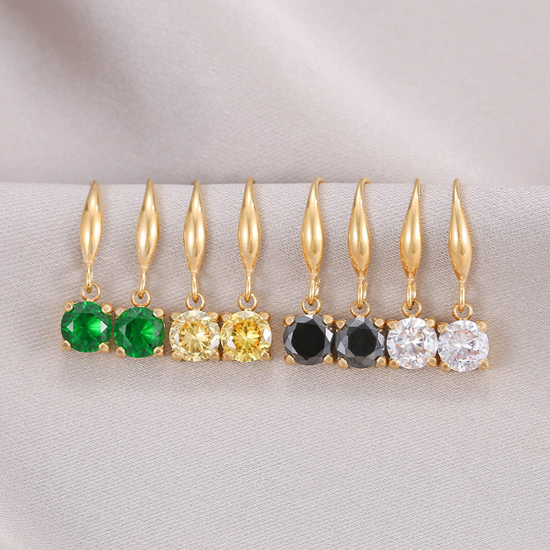 Multicolor Round CZ Drop Earrings in PVD 14K Gold Stainless Steel with Leaf Top Detail