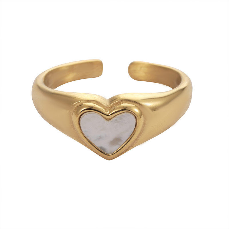 Shell Pearl Heart Adjustable Ring in Stainless Steel with PVD 14K Gold